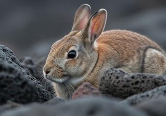 Fototapeta premium Cute brown rabbit on rocky terrain with alert expression