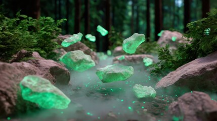 Ethereal Glowing Stones Floating Above Misty Forest Floor