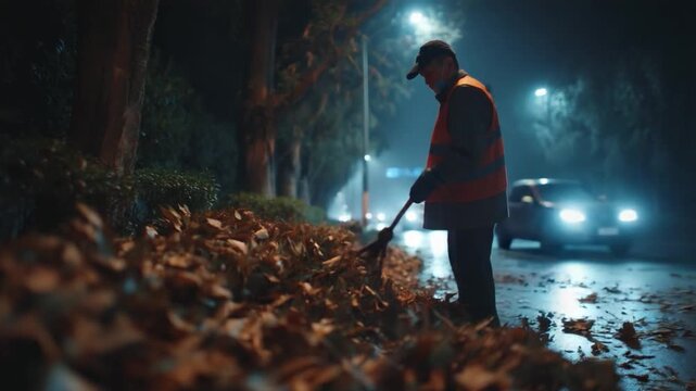 Night Road Sweeper: A dedicated road sweeper diligently clears fallen leaves at night, illuminated by the soft glow of streetlights.