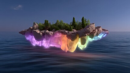 Floating Island with Vibrant Colorful Glows and Lush Greenery