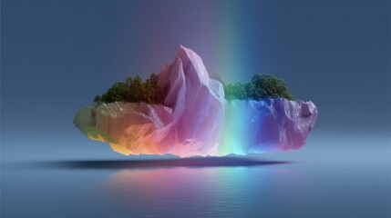 Ethereal Floating Island with Colorful Light Reflection on Water