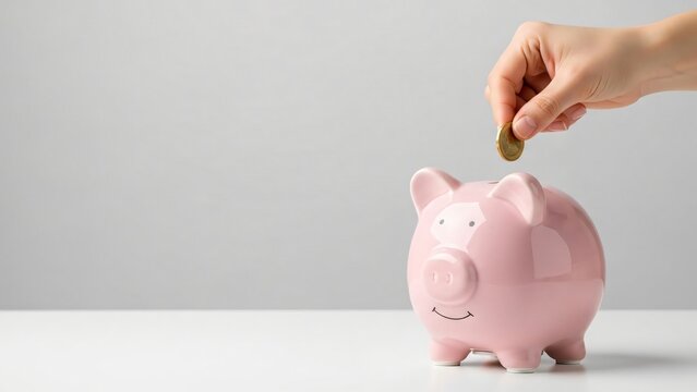 A hand dropping a coin into a pink ceramic piggy bank on a white table, symbolizing savings and financial planning.