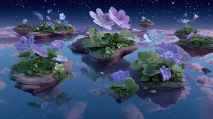 Ethereal Floating Islands with Colorful Flowers in a Dreamy Sky