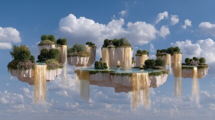 Ethereal Floating Islands with Lush Greenery and Cascading Waterfalls