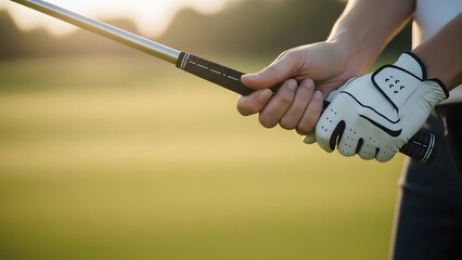 Close Up View of Golfer Hands Gripping Golf Club on Green Course Field During Golden Hour Sunset
