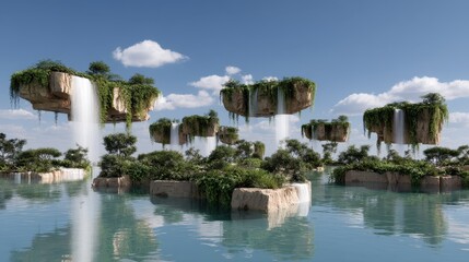Floating Islands with Waterfalls and Lush Greenery in Fantasy Landscape