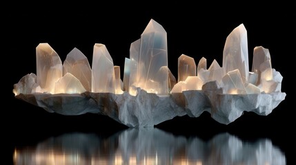 Illuminated Crystal Formation with Ethereal Glow on Dark Background