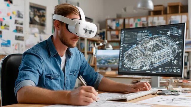 Innovating in the Digital Realm: A focused designer wearing VR glasses, engrossed in digital automotive design, seamlessly merging the physical and virtual worlds. 