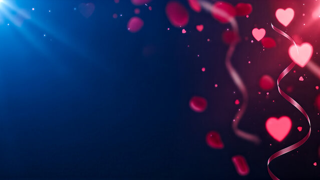 Pink hearts and rose petals falling on dark blue background with light rays - Powered by Adobe