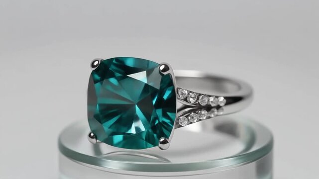 macro closeup shot of green emerald ring on mirror surface