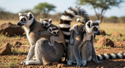 Obraz premium A heartwarming family portrait of ring-tailed lemurs amidst the natural beauty of Madagascar