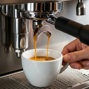 entire modern, stainless steel espresso machine as a ristretto is pulled into a thick-walled white ceramic demitasse cup, showcasing the initial dark, syrupy flow transforming into a rich, golden crem