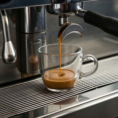 espresso machine's group head area. A ristretto  pours from a standard spouted portafilter into a clear, handleless glass cup on the stainless steel drip tray, with the reflection of the crema visible