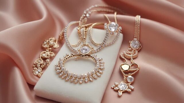 closeup of wedding jewelry set displayed on pink soft silk fabric