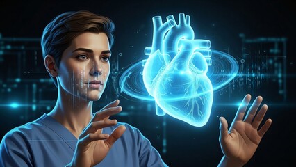 Female medical professional interacting with a glowing holographic human heart model in a high-tech healthcare environment.