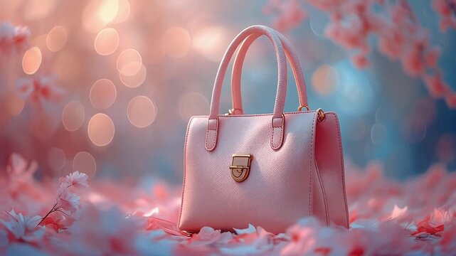 handheld shot of high fashion pink handbag surrounded by soft pink pastel bokeh