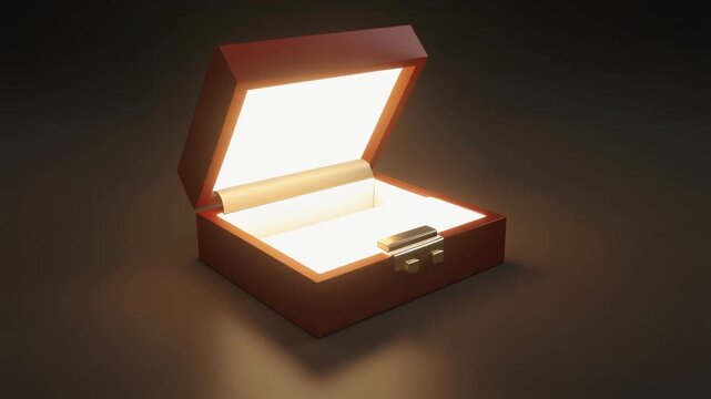 closeup high angle shot of jewelry box slowly open revealing glowing interior light