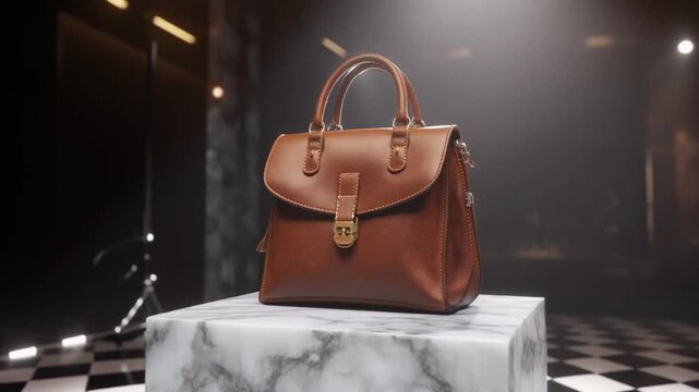 premium brown leather handbag on marble surface pedestal with fashion soft lighting