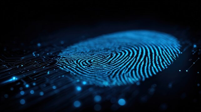 A digital fingerprint illuminated in blue, surrounded by circuit-like patterns, symbolizing technology and security. - Powered by Adobe