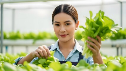 Beautiful Young Asian Female Farmer Harvesting Fresh Organic Lettuce in Modern Hydroponic Greenhouse