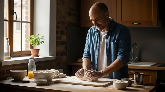 Man kneading dough on kitchen counter.