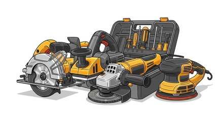 Fototapeta premium A vibrant collection of power tools showcases craftsmanship and readiness for construction tasks