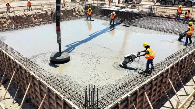 Construction workers in high-visibility vests pouring concrete on a metal grid foundation on a sunny day - Powered by Adobe