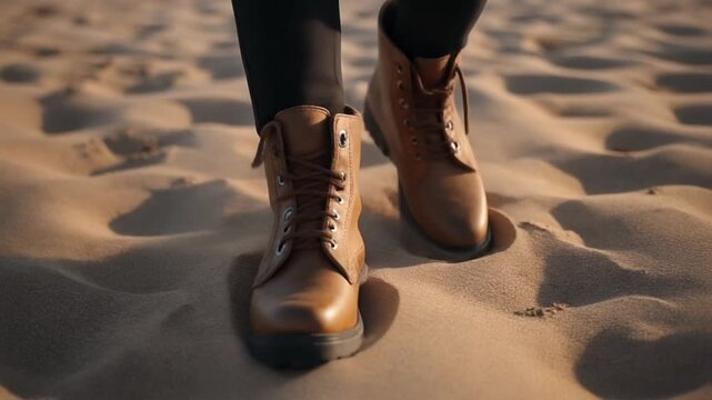 closeup high angle shot of front view person in boots stepping into soft sand
