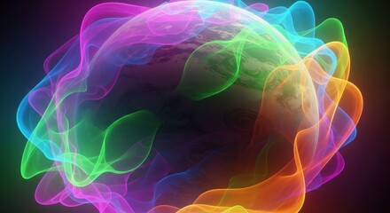 Abstract energy field surrounding a celestial body with vibrant spectral colors and luminous forms
