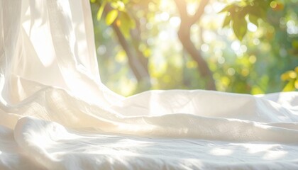 Soft Off-White Fabric Texture with Warm Sunbeams and Leaf Shadows Background
