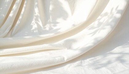 Soft Off-White Fabric Texture with Warm Sunbeams and Leaf Shadows Background