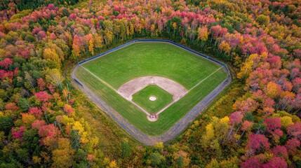 Aerial view of a baseball field surrounded by vibrant autumn foliage, showcasing a stunning blend of colors in nature.