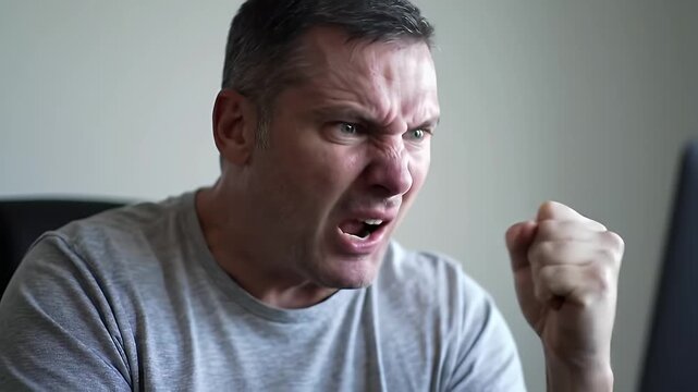 Frustrated man in front of the computer screen, man with rage emotion concept