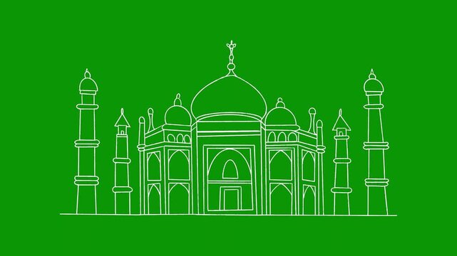 A white outline of mosque on green background and the ta green screen animated chromakey background movement figure cartoonish illustration creative emotion scene depth backgrounds