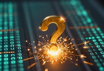Futuristic digital environment featuring a glowing question mark symbolizing curiosity, innovation, artificial intelligence, and advanced technology concepts with neon lighting and abstract sci-fi des