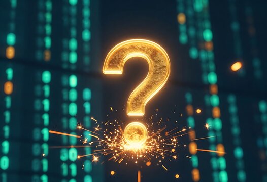 Futuristic digital environment featuring a glowing question mark symbolizing curiosity, innovation, artificial intelligence, and advanced technology concepts with neon lighting and abstract sci-fi des - Powered by Adobe