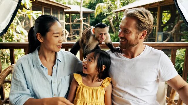 Affectionate family bonding with a capuchin monkey during a unique wildlife interaction