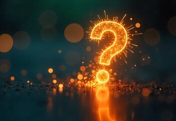 Futuristic digital environment featuring a glowing question mark symbolizing curiosity, innovation, artificial intelligence, and advanced technology concepts with neon lighting and abstract sci-fi des