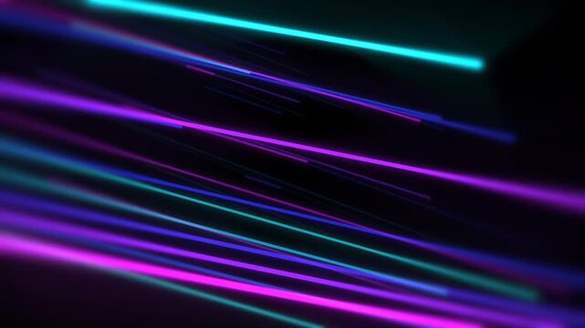 Dynamic visual featuring diagonal neon light beams in purple and blue that streak across a dark frame. The perspective shifts and rotates, making the lines appear like high-speed data transfers or r