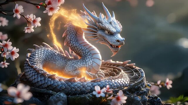 Mythical blue dragon resting among blossoms with fiery breath.