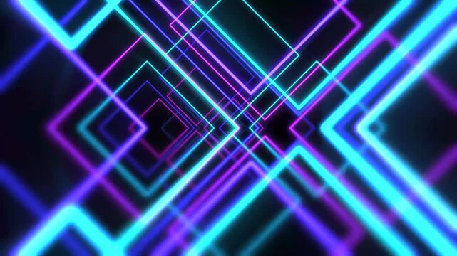 A complex geometric tunnel formed by nested neon squares with integrated HUD (Heads-Up Display) elements like corner brackets. The camera zooms through the rotating, multi-colored frames, creating a h
