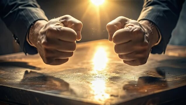 Intense frustration: Hands clenched tightly on a desk surface under bright light, feeling stressed