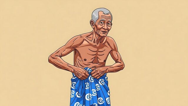 Senior man in blue swim trunks.