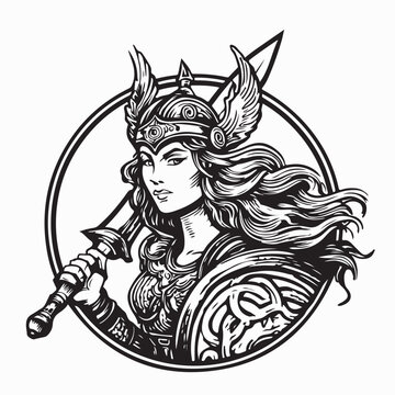 Fierce Female Viking Warrior Vector Illustration on White Background