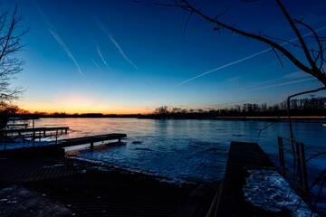 Frozen lake in the Chicago area at dusk