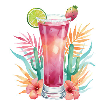 Cactus Pear Margarita Watercolor Cocktail Illustration

