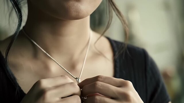 Young woman fastening the clasp of her silver pendant necklace in a gentle moment