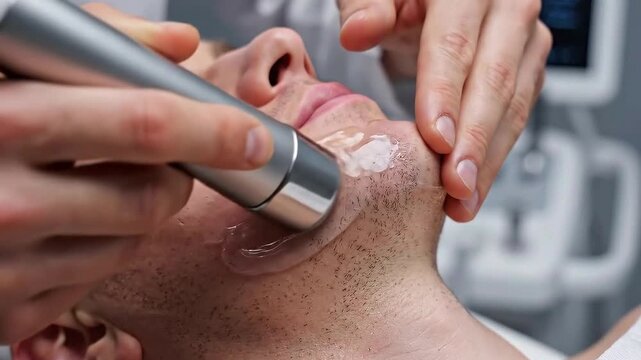 Close Up of Man Receiving Facial Skin Treatment Applying Cosmetic Mask at Spa in Bright Interior Setting for Beauty and Wellness
