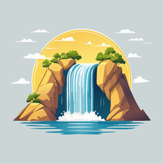 Cartoon illustration of a waterfall cascading over rocks into a pool of water with a sun in the background.