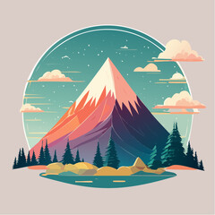 A stylized illustration of a mountain landscape with snow-capped peaks and evergreen trees.